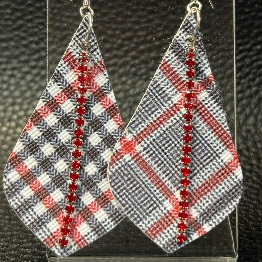 Handmade plaid faux leather earrings with rhinestones
